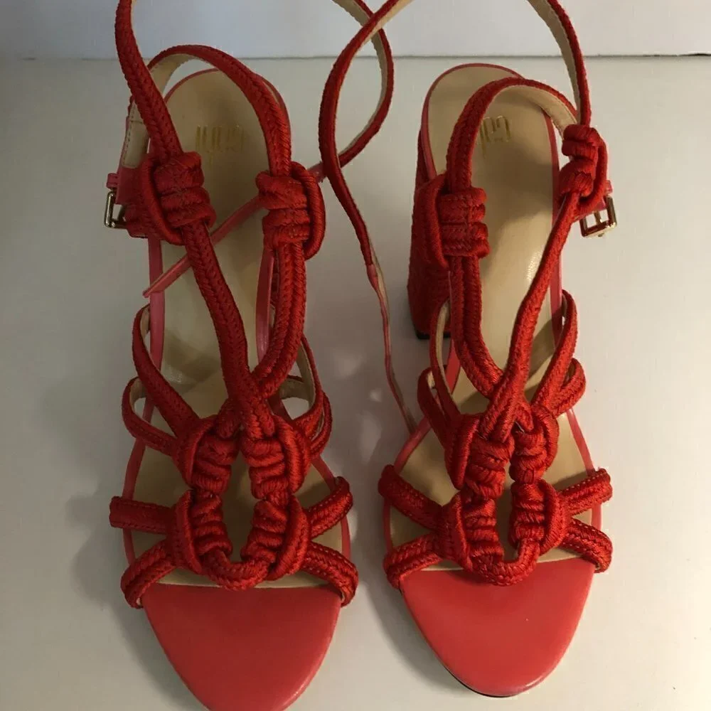Cabi Tiptoe Knotted Rope Strappy Heeled Sandals Hibiscus Red Size 9M